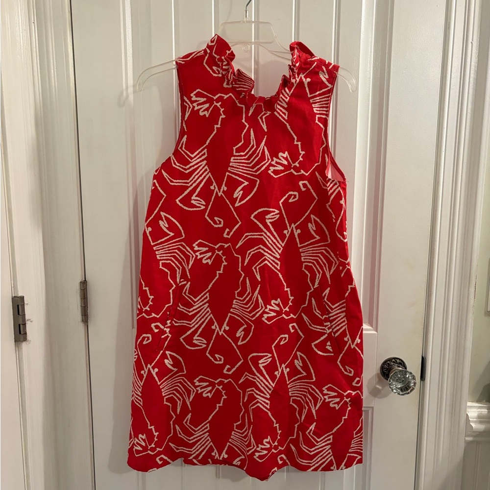 Tyler Boe Red Sleeveless Ruffle-Neck Mini Dress with White Abstract Print